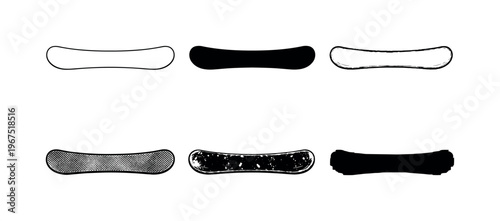 Snowboard Design Variants. Freestyle snowboard with elongated curved deck and upturned tips, used for gliding and performing