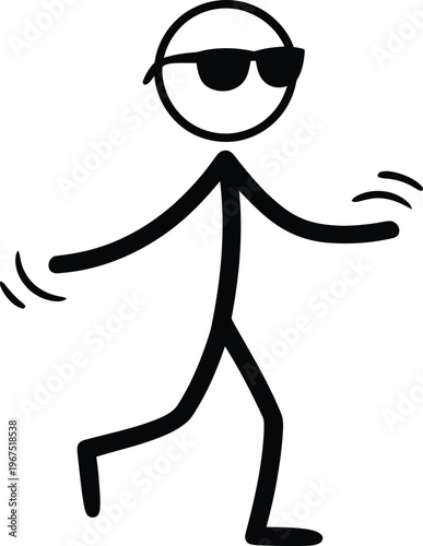 Cool stick figure character wearing sunglasses walking with a relaxed and confident attitude, simple black and white line art design for creative projects