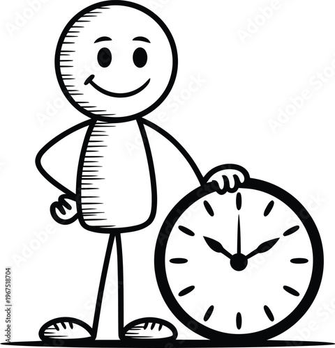 Cartoon stick figure character standing next to a large clock