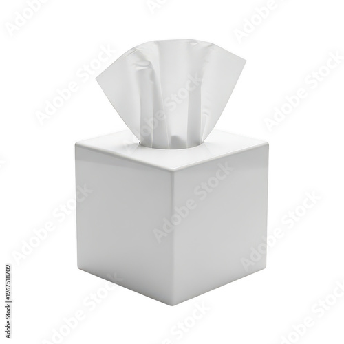 Square white tissue box with a single paper tissue pulled out, Png