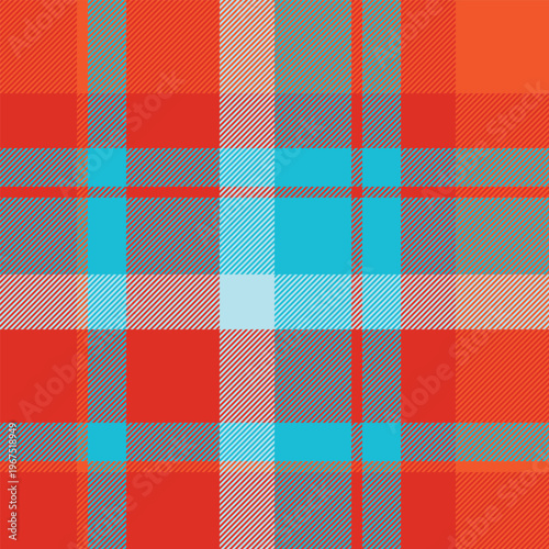Usa plaid check fabric, symmetry texture pattern background. Cowboy vector seamless tartan textile in red and cyan colors.