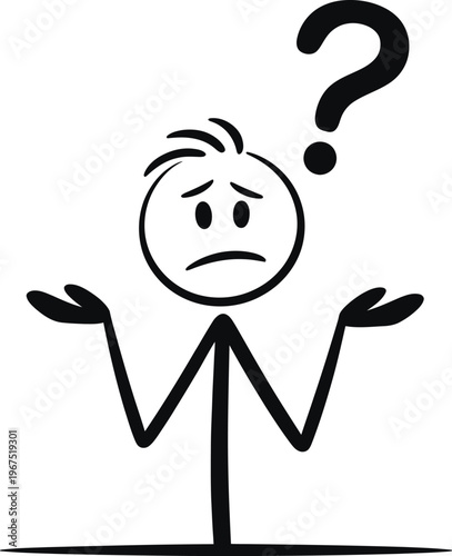 Confused stick figure character shrugging shoulders with a question mark above head