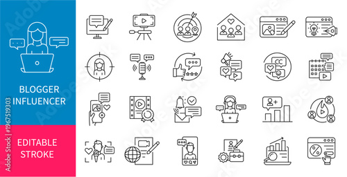 Influencer and Content Creator Line Icon Set, Social Media Marketing, Blogging