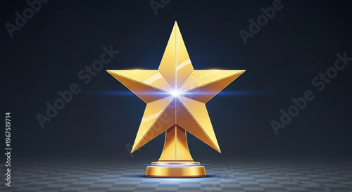 A shiny gold star trophy on a pedestal with a dark background