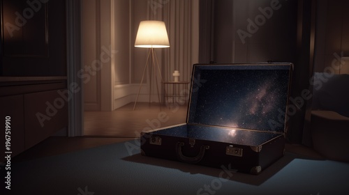 Surreal scene of an open suitcase on a bedroom floor revealing a starry universe inside, evoking curiosity and wonder.