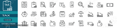 Financial tax and accounting outline icon set featuring income tax calculator, government tax form, business calculation, piggy bank savings, and wallet money vector illustration on editable stroke
