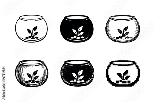 Glass fish bowl with simple plant inside and rounded opening, decorative container for keeping a single fish