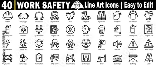 Work safety solid color icons. Professional health and safety icons collection with emergency exit, first aid kit, and biohazard warning symbols in black line art style vector illustration.
