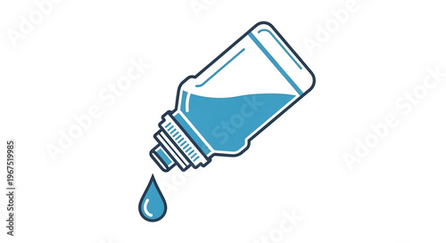 A blue liquid dropping from a bottle in a minimalist vector illustration