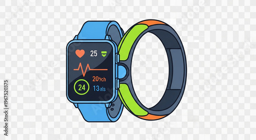 A colorful vector illustration of a smartwatch and fitness tracker on a transparent background