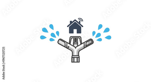 A vector graphic illustration of a faucet with a house and water droplets