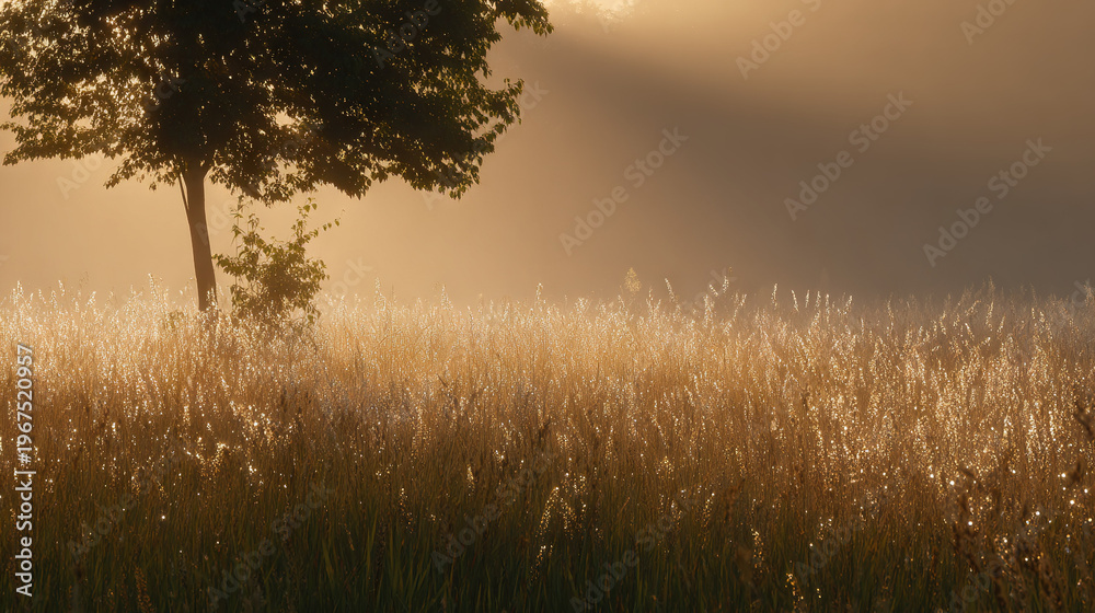 Fototapeta premium Sunlit Grass Field with Silhouetted Tree