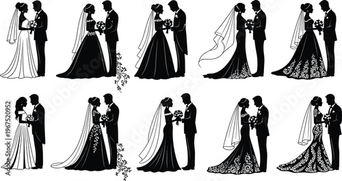 Professional Wedding Bride and Groom Silhouettes Vector Set Featuring Romantic Couples Isolated on White Background for Marriage Designs