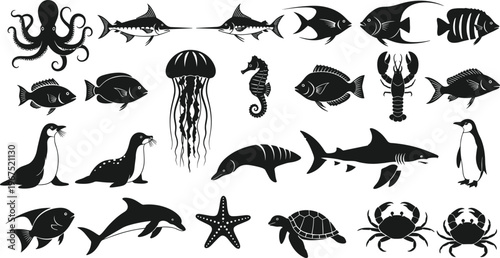 Professional Sea Animals Silhouettes Vector Set Featuring Shark Dolphin Octopus Turtle and Jellyfish Isolated on White Background for Marine Designs