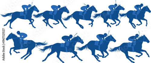 Professional Horse Racing Silhouettes Vector Set Featuring Jockeys Riding Fast Horses Isolated on White Background for Equestrian Sports Designs
