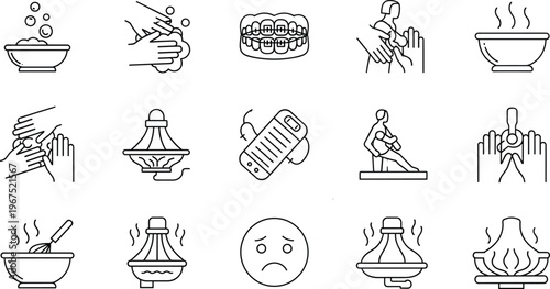 Health and Wellness Line Art Icon Set, Flat Vector Illustration, Representing Hygiene, Self-Care, Medical, Aromatherapy, Dental, Therapy, and Emotional Balance.