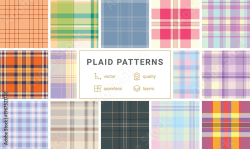Plaid pattern set suitable for DIY crafts, digital papers, and product mockups. Seamless repeats align perfectly.