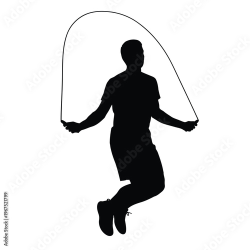 Silhouette of a person jumping rope with white background with black and white with boy jumping with jump rope