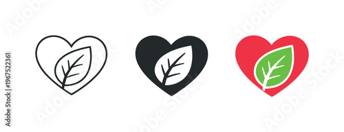 Corporate ethics concept represented by matching heart with leaf icons aligned horizontally with identical curved heart shape and