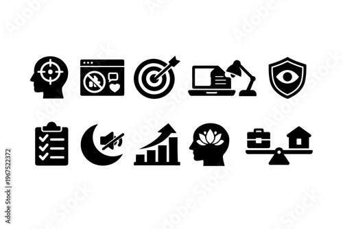 Collection of business and lifestyle icons representing goals, productivity, and balance