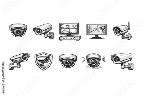 Collection of security camera illustrations for surveillance and monitoring systems
