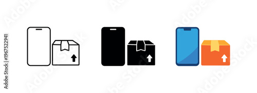 Within virtual retail environment context identical smartphone with product box icons appear arranged left to right with