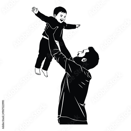 Father lifting happy baby in air, symbol of joy and paternal bond, parent child, hands up, arms outstretched