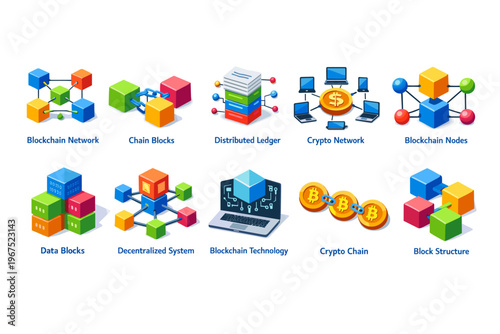 Colorful isometric icons representing blockchain technology and digital networks