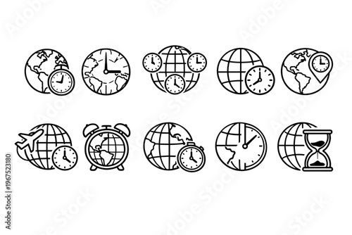 Global time zones and travel icons with clocks and hourglass