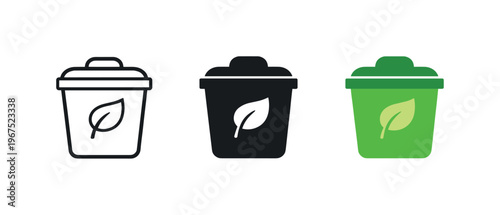 Within circular economy initiative context identical compost bin icons appear arranged left to right with consistent container