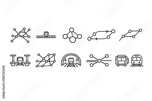 Collection of transportation network and connectivity icons with trains and buses