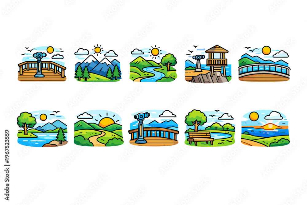 Naklejka premium Collection of scenic landscape illustrations with observation decks and natural views