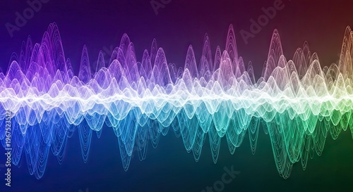 Abstract colorful sound wave spectrum with glowing frequency lines on a dark background
