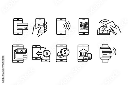 Collection of mobile payment and financial transaction icons
