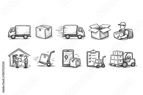 Hand-drawn icons depict various aspects of logistics and delivery services