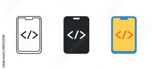 App creation concept illustrated by matching smartphone with code bracket icons aligned horizontally with identical device frame