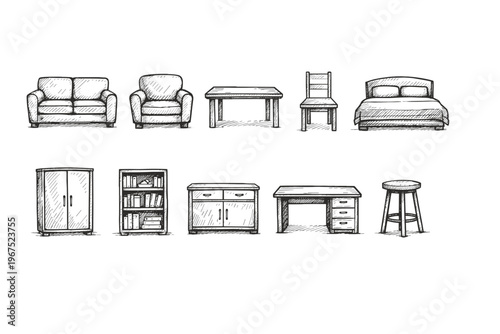 Collection of hand-drawn furniture sketches including sofas, tables, beds, and storage units