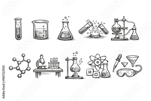Collection of hand-drawn science and chemistry experiment illustrations