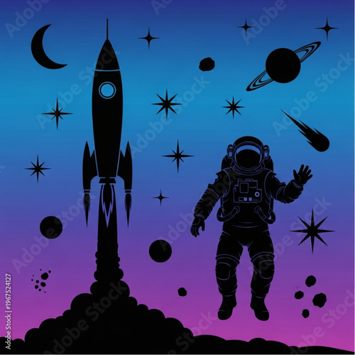 Astronaut Spacewalk Near Rocket Silhouette Illustration.