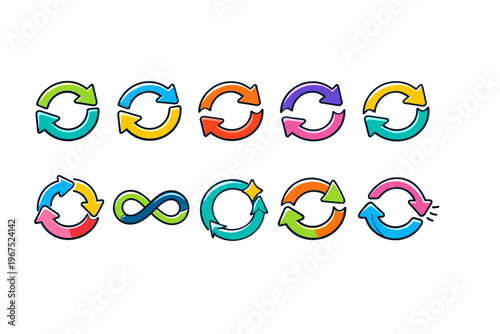 Collection of colorful circular arrows and infinity symbols representing cycles and repetition