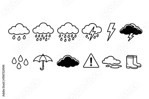Collection of weather icons including rain, lightning, umbrella, and boots
