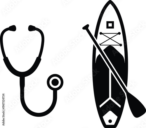 Black and white stethoscope icon, medical healthcare equipment illustration, stand up paddleboard silhouette, outdoor recreation sport tool, minimalist design concept