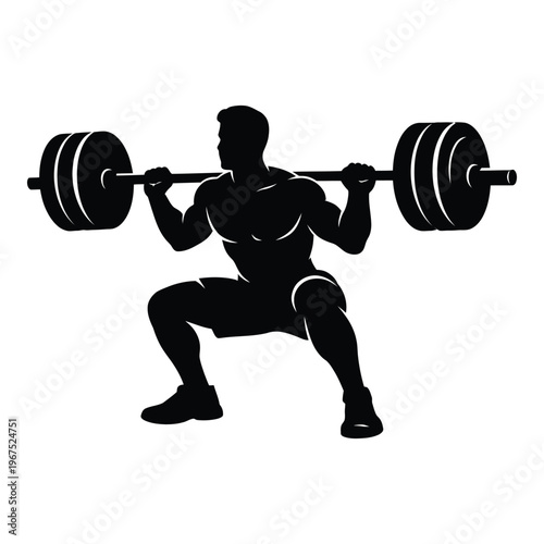 Weightlifting man doing barbell squat exercise silhouette