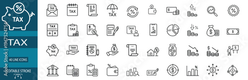 tax and accounting outline icon set featuring tax payment calculator, government document form, business budget, savings piggy bank, and bank money vector illustration on editable stroke