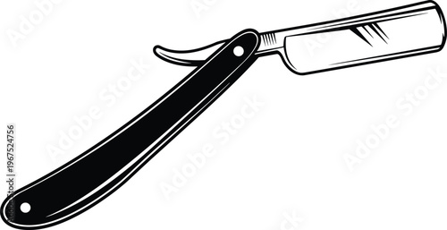 Black and white straight razor illustration, vintage cut throat shaving tool, classic grooming accessory, barber shop equipment, minimalist silhouette design