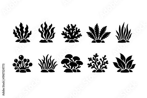 Collection of diverse black silhouette icons representing various aquatic plants and corals