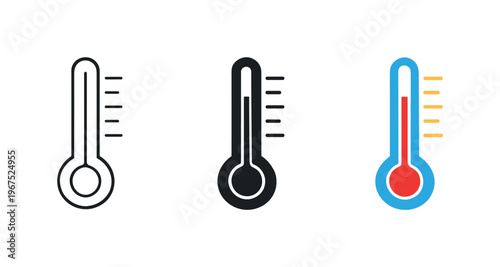 Climate variation concept illustrated by matching thermometer icons aligned horizontally with identical glass tube shape and bulb