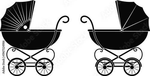 Black silhouette baby carriage illustration, vintage pram icon, classic stroller design, retro childcare symbol, minimalist concept art, parenting lifestyle theme