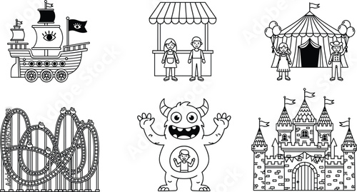 Black silhouette amusement park icons illustration, pirate ship, circus tent, roller coaster, castle, monster, market stall, minimalist design concept