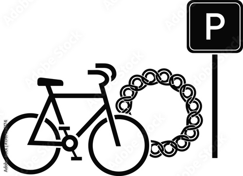 Black silhouette bicycle parking illustration, chain lock icon, secure transport design, urban cycling symbol, minimalist concept art, outdoor lifestyle theme
